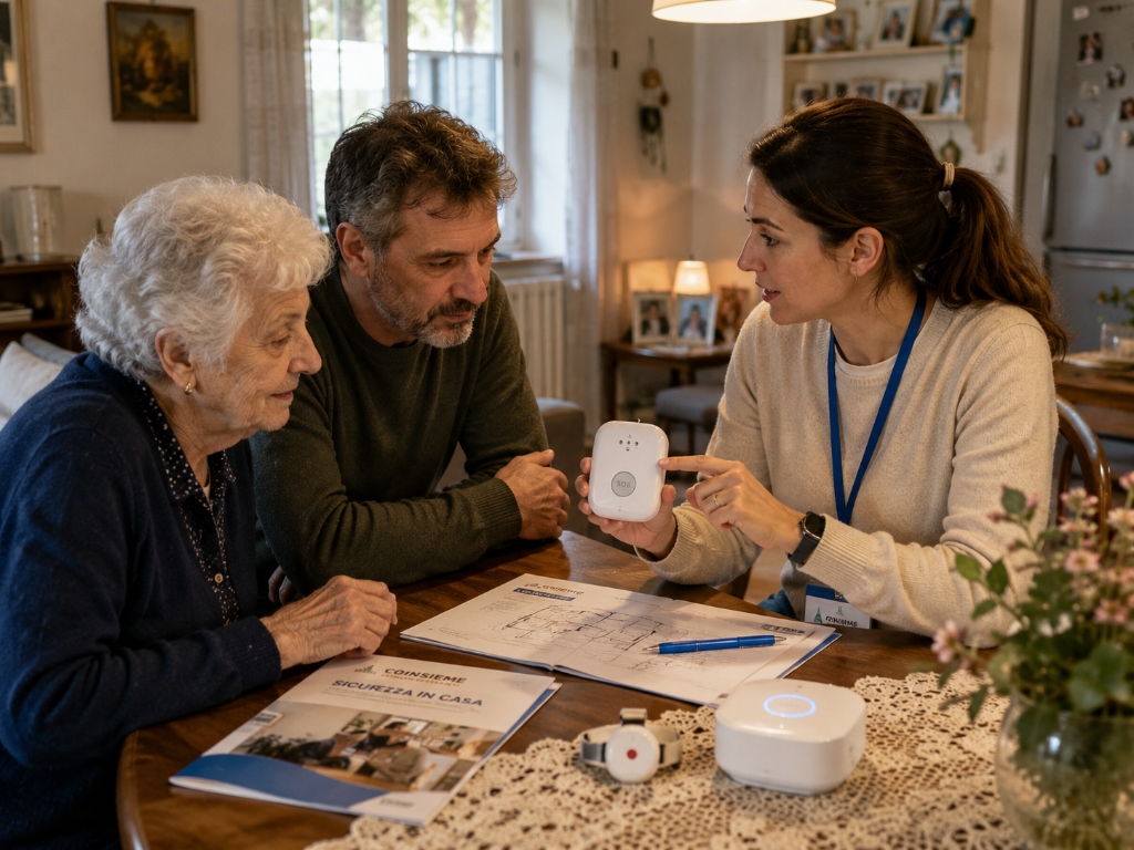 Consulente della Fondazione COINSIEME a domicilio con una persona anziana e il familiare per valutare la planimetria e le soluzioni di sicurezza