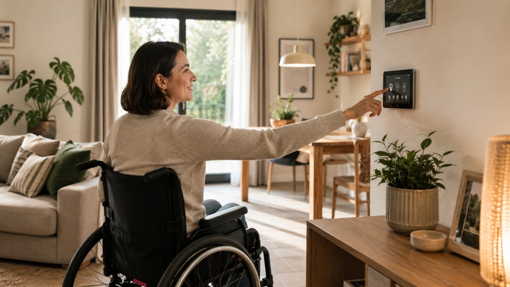 Persona in carrozzina che interagisce con un pannello di controllo domotico accessibile in un ambiente domestico accogliente e luminoso