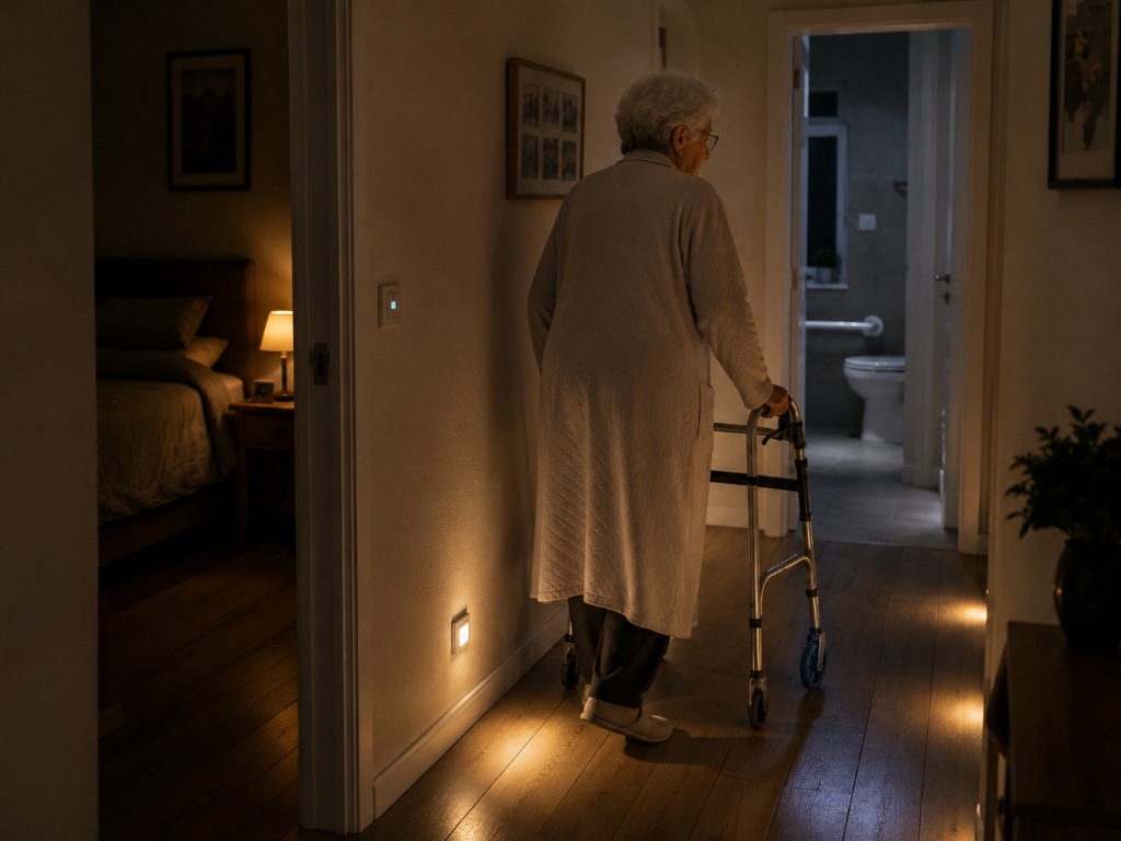 Persona anziana con deambulatore che si sposta di notte in sicurezza verso il bagno grazie all'illuminazione automatica dei percorsi