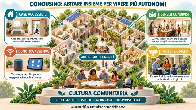 Immagine per: Cohousing: abitare insieme per vivere più autonomi Un sistema di vita contemporaneo che unisce casa, relazioni, servizi condivisi e tecnologie assistive