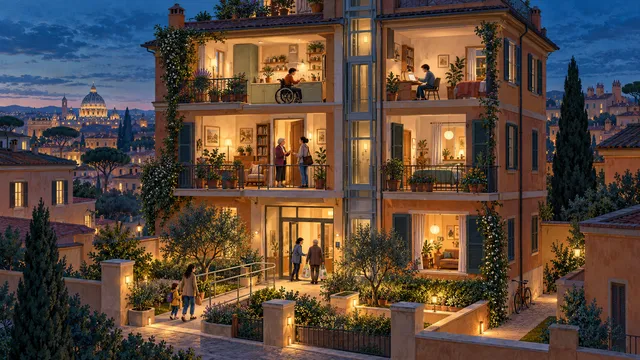 Illustrazione di un palazzo romano visto in sezione: persone di età diverse e con disabilità abitano spazi accessibili e si incontrano negli ambienti comuni.