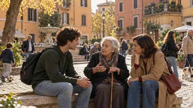 Immagine illustrativa: uno studente, una donna adulta e una persona anziana dialogano in una piazza di quartiere romana.