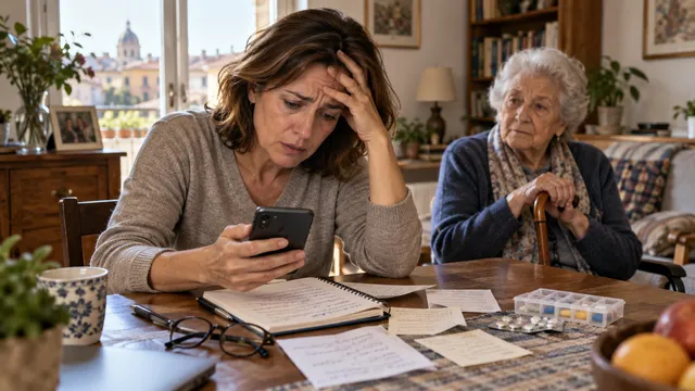 Una donna consulta il telefono tra appunti e documenti, mentre una donna anziana siede accanto a lei in casa.