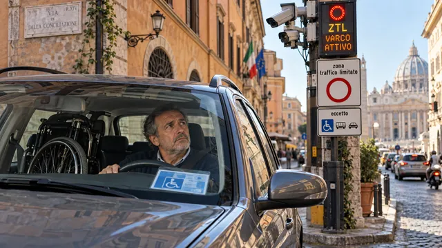 Automobilista con disabilità al volante guarda con preoccupazione le telecamere di un varco ZTL di Roma; nell’auto è visibile la carrozzina e sul cruscotto il contrassegno disabili.