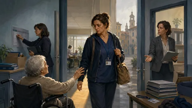 Operatrice sociosanitaria in una struttura di assistenza tra una persona in carrozzina e il passaggio di consegne organizzativo.