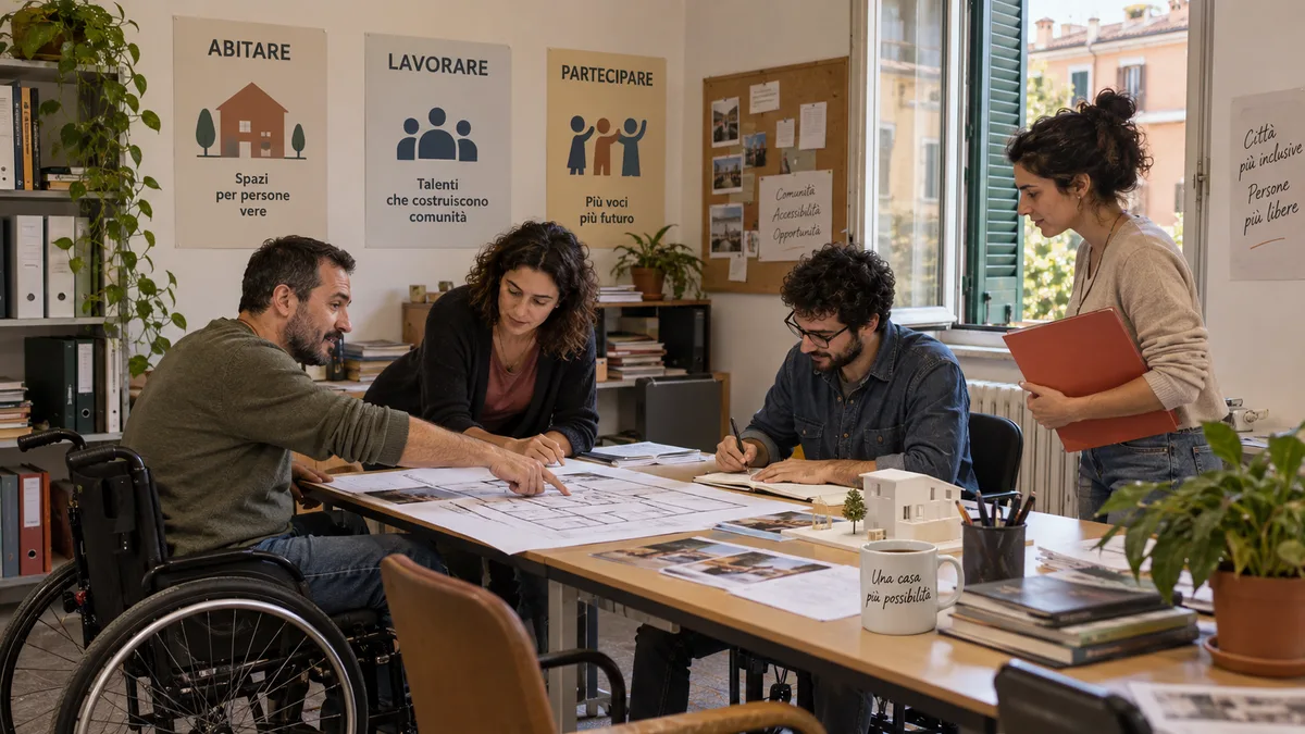 Quattro persone, tra cui un uomo in carrozzina, lavorano su una pianta della casa in un ufficio con poster in italiano.