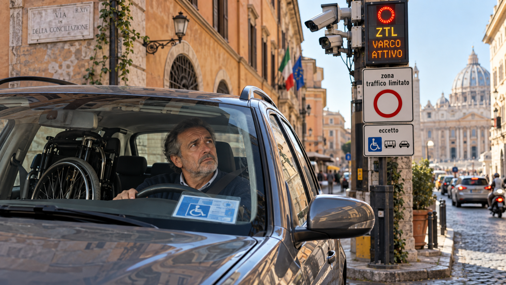 Automobilista con disabilità al volante guarda con preoccupazione le telecamere di un varco ZTL di Roma; nell’auto è visibile la carrozzina e sul cruscotto il contrassegno disabili.