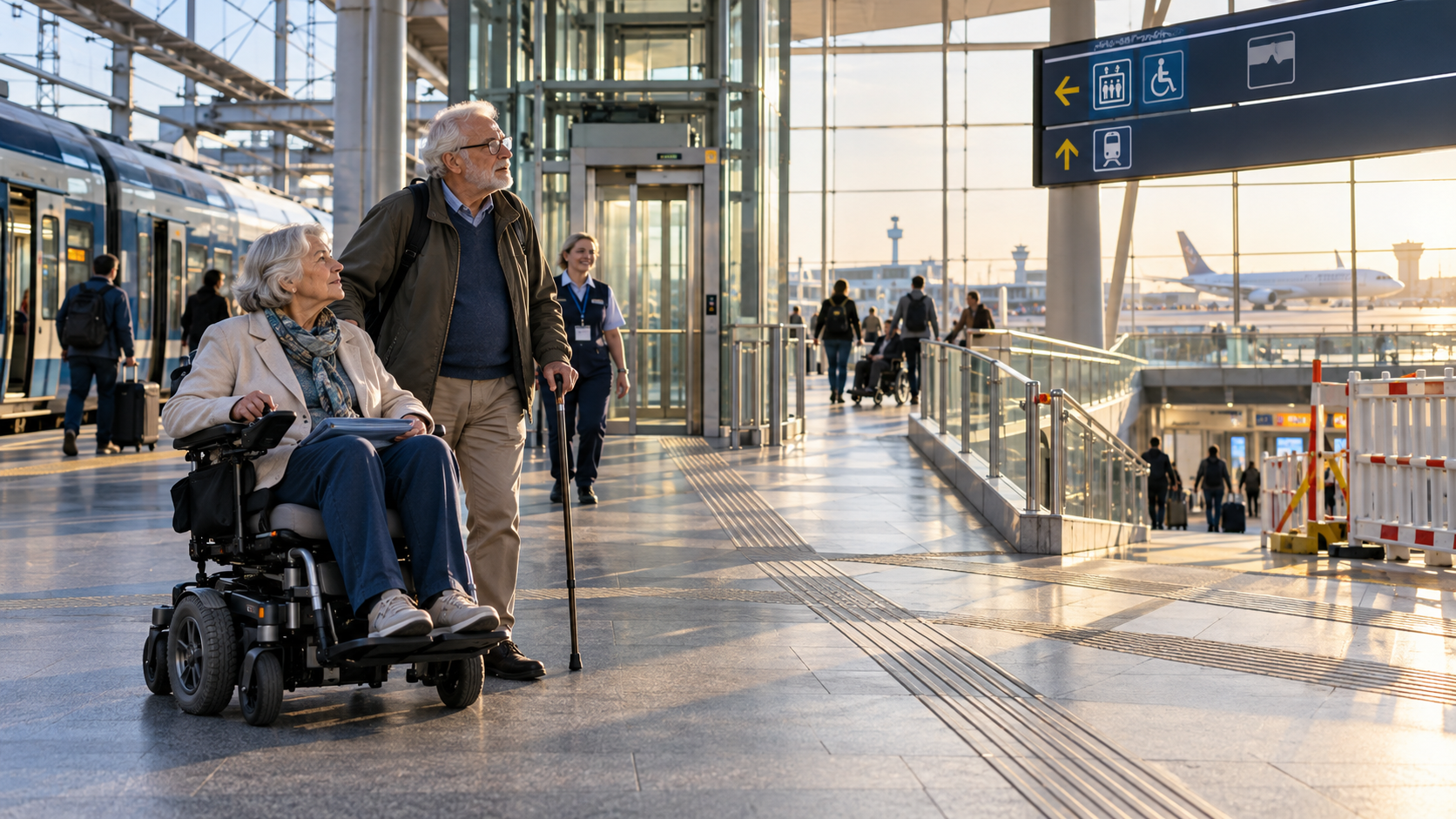 Una donna anziana in sedia a rotelle elettrica e un uomo con bastone osservano la segnaletica in un nodo di scambio tra stazione ferroviaria e aeroporto.