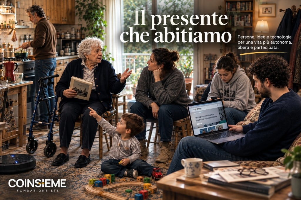 Persone di generazioni diverse condividono un ambiente domestico tra relazioni, attività quotidiane e strumenti digitali.