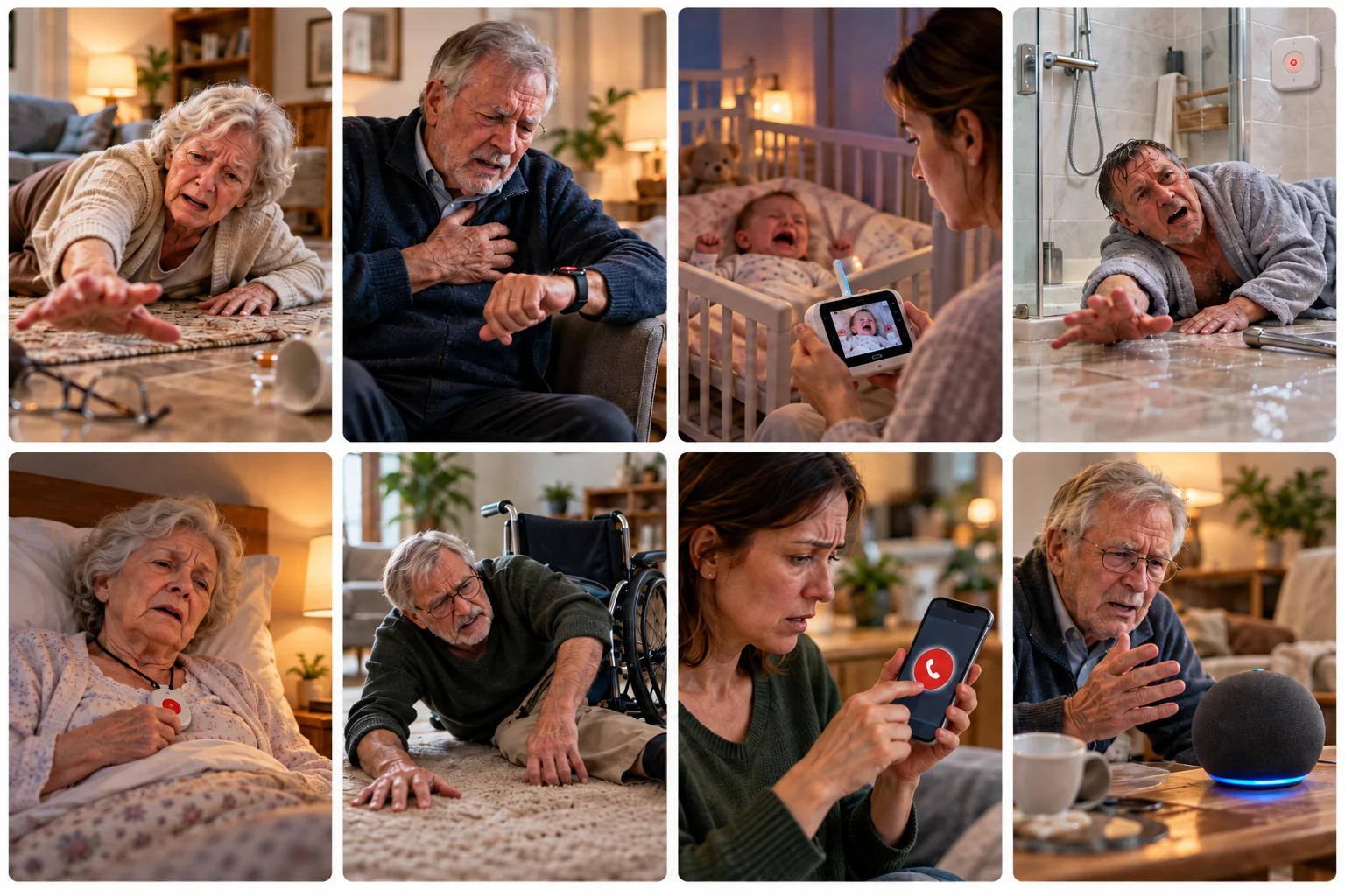 Collage illustrativo di richieste di aiuto in casa: cadute, pulsanti SOS, smartwatch, smartphone, assistente vocale e un genitore con baby monitor.