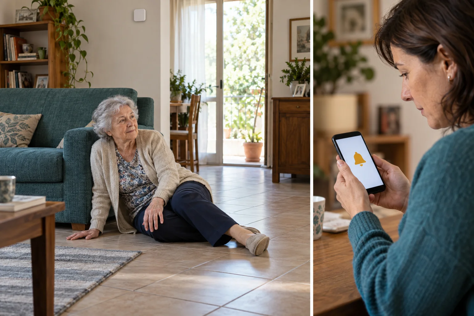Immagine illustrativa: una donna anziana vigile è a terra accanto al divano; un sensore è sulla parete e una familiare riceve un avviso sul telefono.
