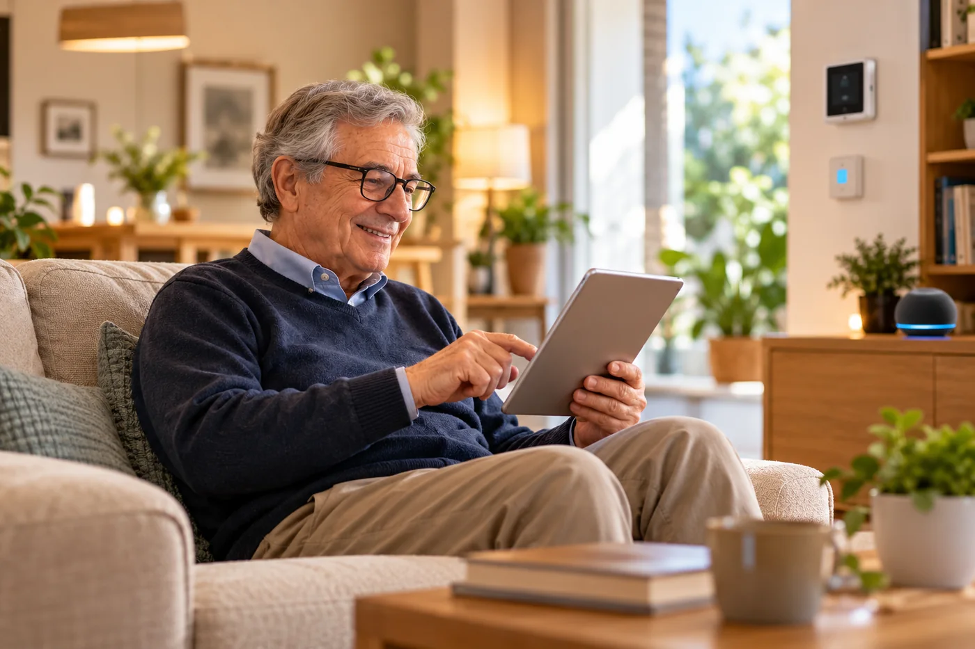 Persona che utilizza un tablet in un soggiorno dotato di tecnologie domotiche