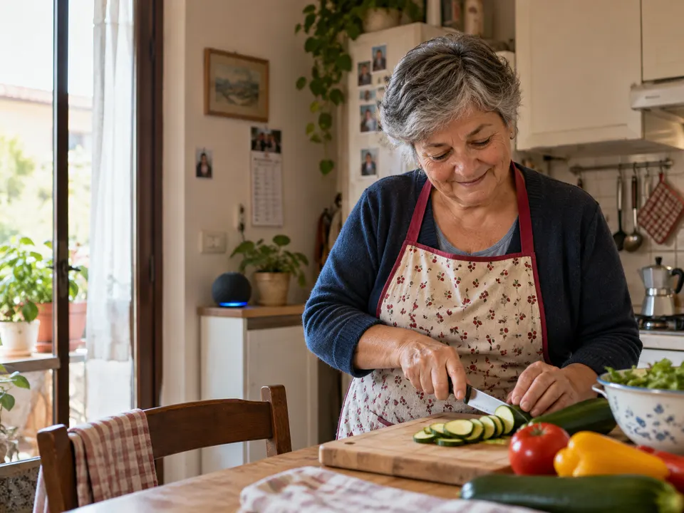 Una donna prepara le verdure in cucina; un piccolo assistente vocale resta sullo sfondo.
