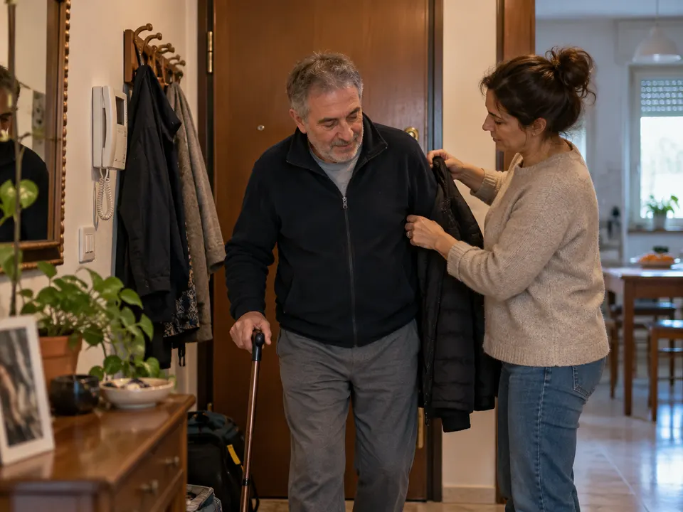 Un uomo con un bastone rientra in casa, aiutato da una familiare a togliere la giacca.